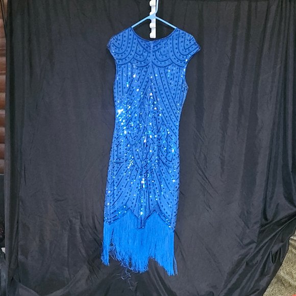 1920s Blue Beaded & Sequin Mable Flapper Dress Large - Picture 3 of 6